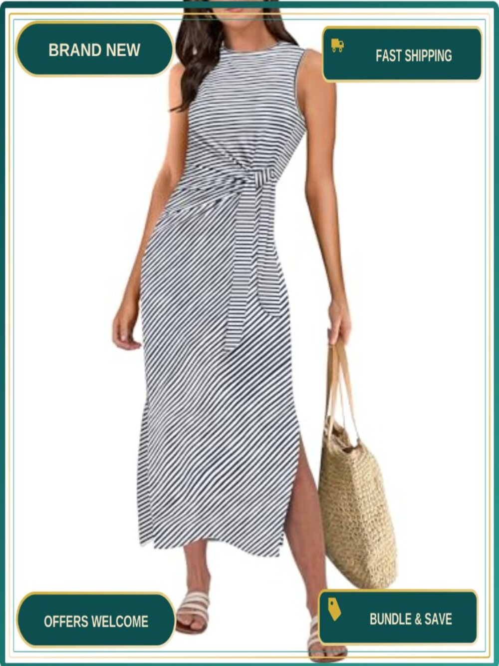 Sleeveless Tie Waist Midi T-Shirt Dress for Women Summer Casual Beach Vacation